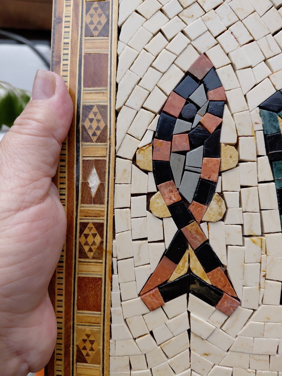 Marble Mosaic and Wood Marquetry Wall Tile Handmade Art