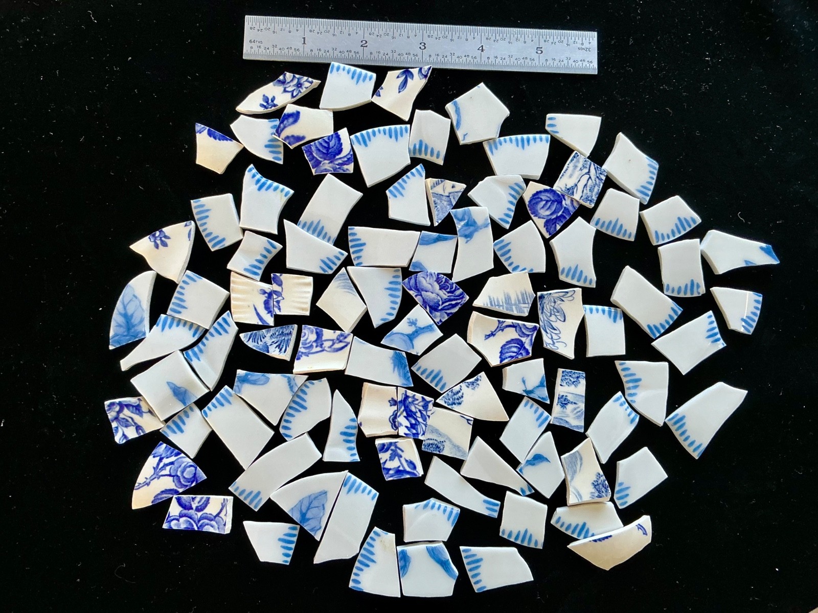 Broken China Mosaic Tiles Blue & White Mix 85+ Pieces Set Q