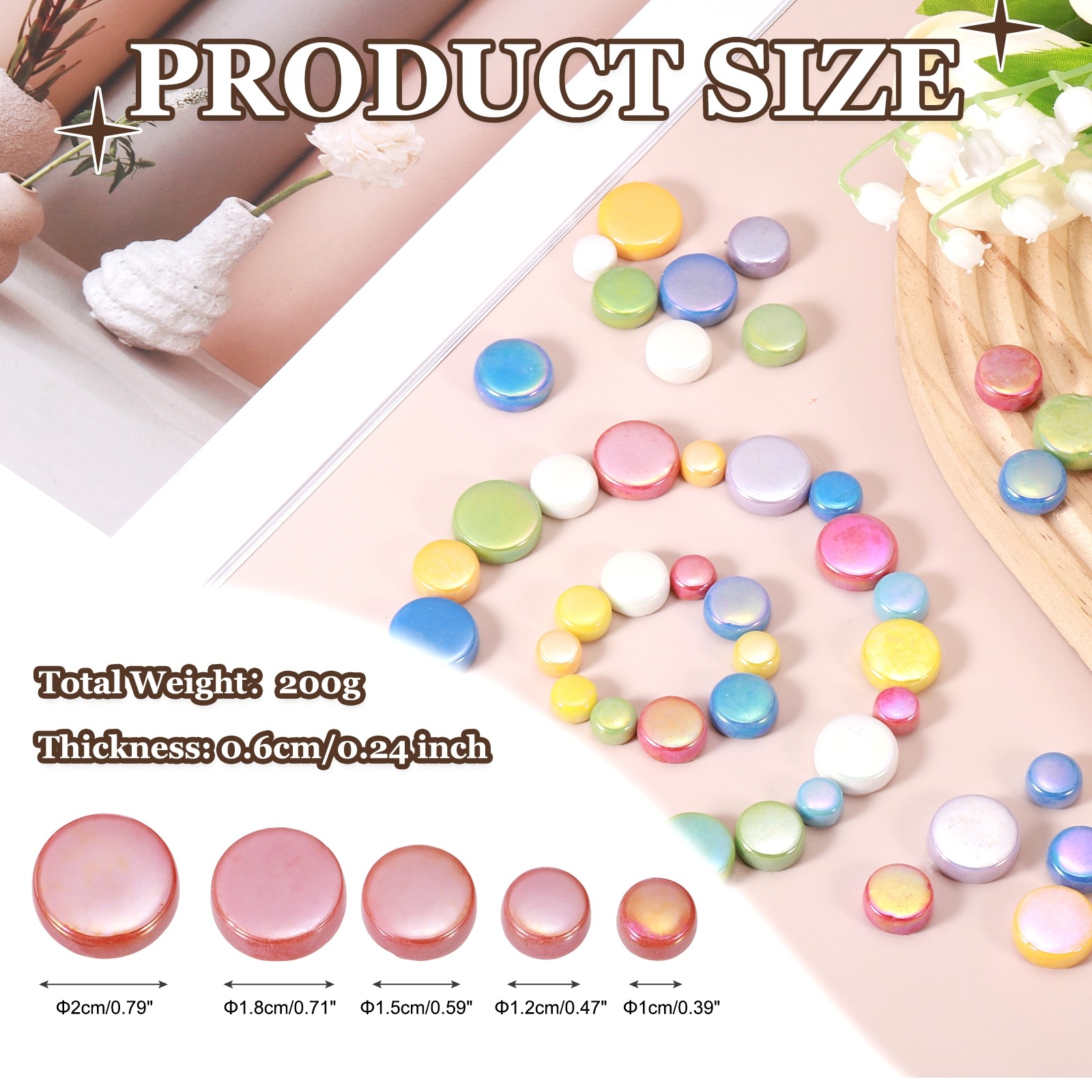 200g Multi-Size Iridescent Round Mosaic Tiles for Crafts (Orange Red)