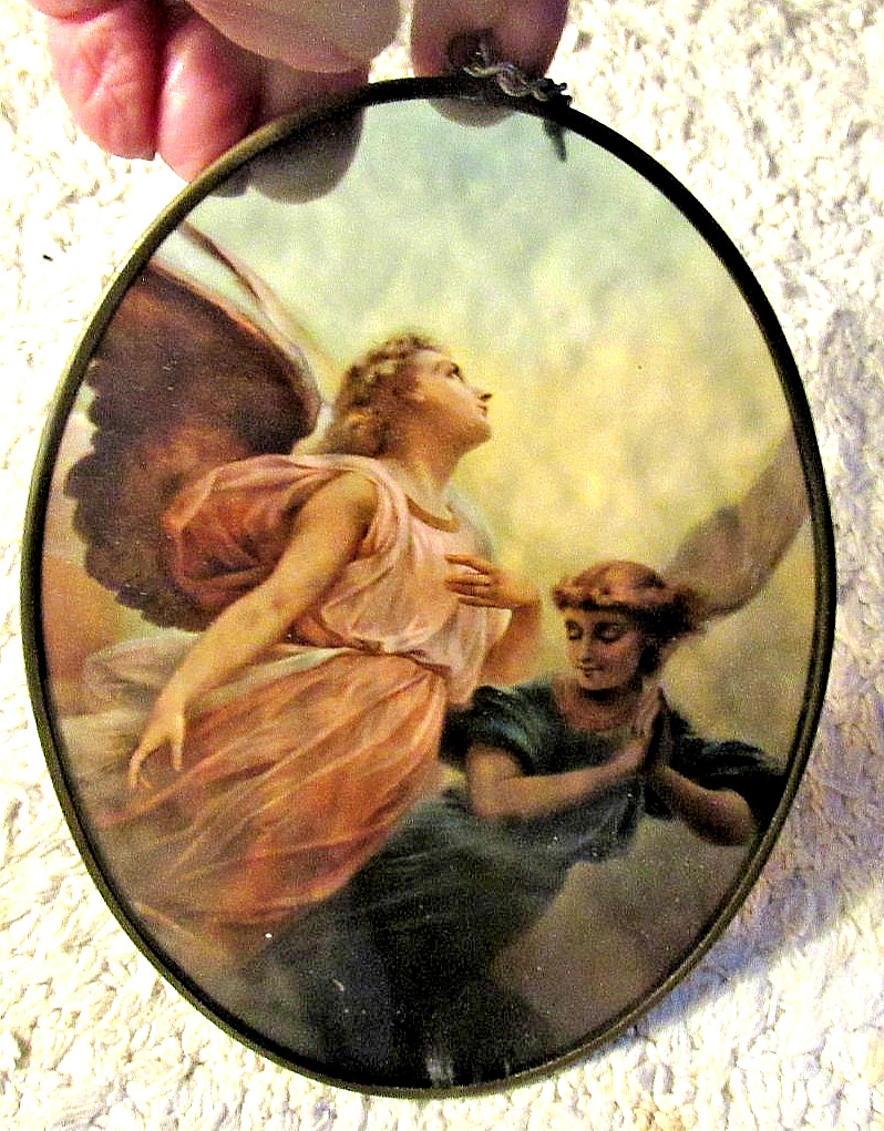 PERFECT & Unique, ITALY, STAINED GLASS ANGELS, Brass Framed w/Attached Chain