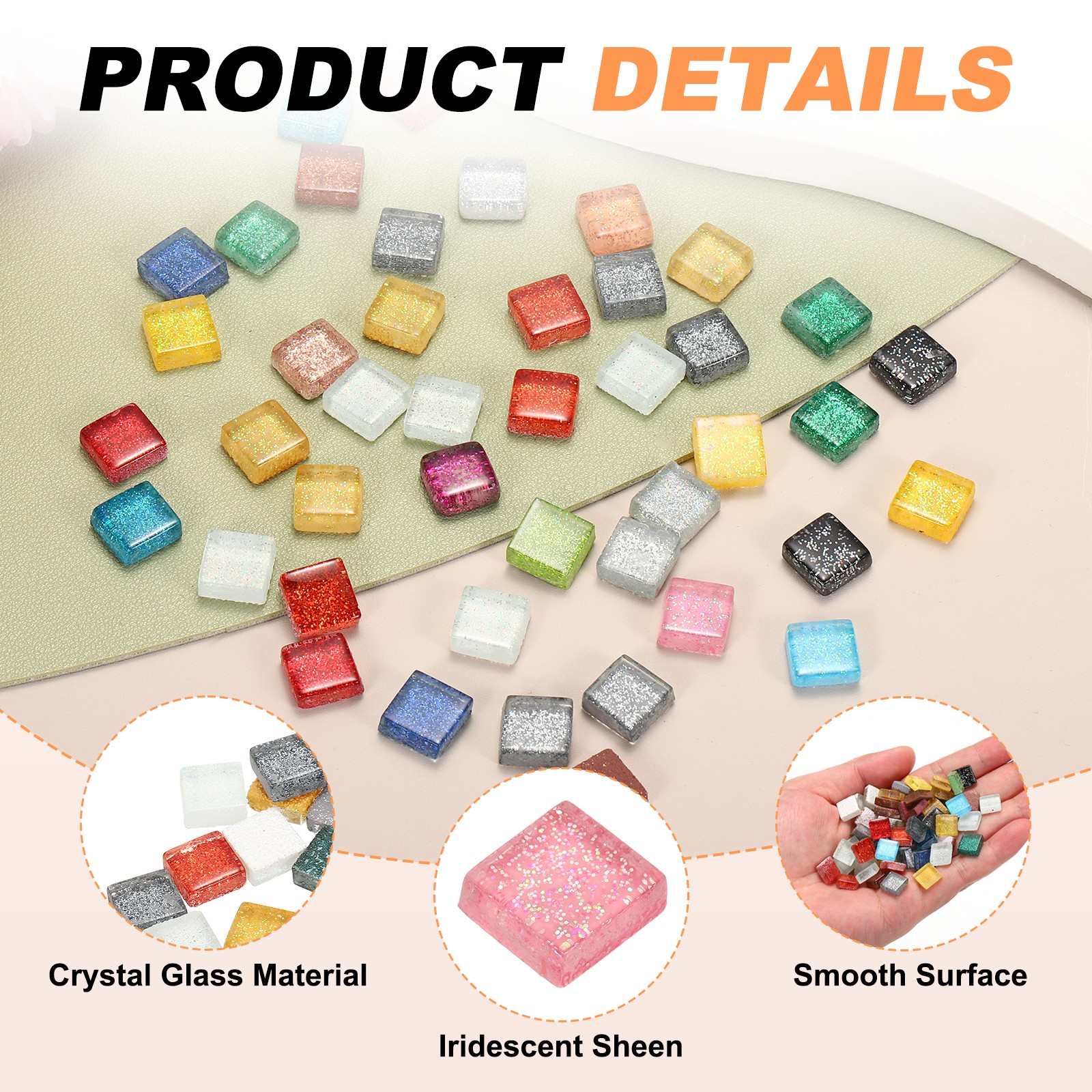 110Pcs 1x1cm Glitter Square Mosaic Tiles Glass, Rainbow Color