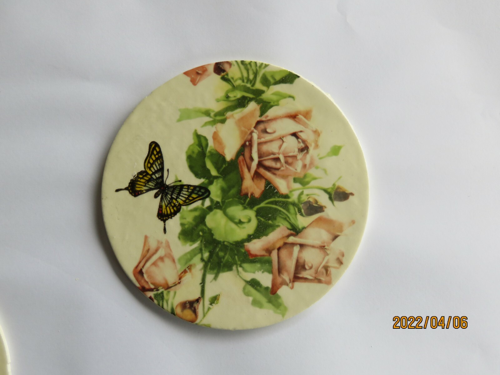 Mosaic Tiles round PINK shabby butterfly roses Garden Chic Fired Ceramic OL11b