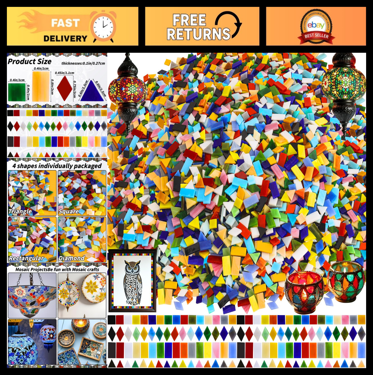 3200 Pcs Assorted Glass Mosaic Tiles for Crafts, DIY Projects & Home Decor