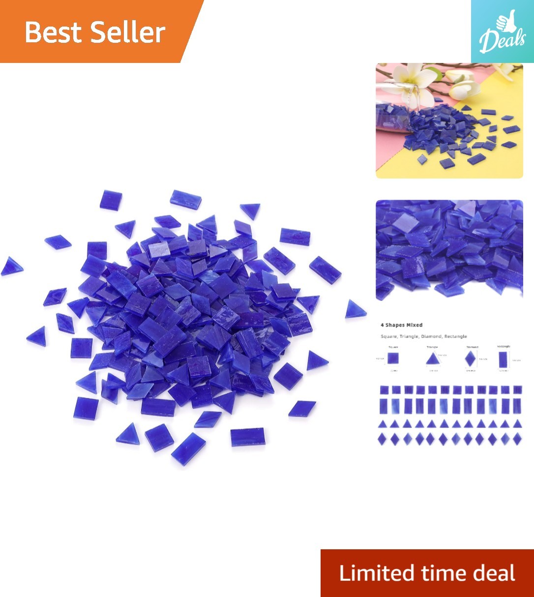 Mixed 200 Tiffany Stained Glass Pieces: 4 Shapes for Mosaic Art – Royal Blue