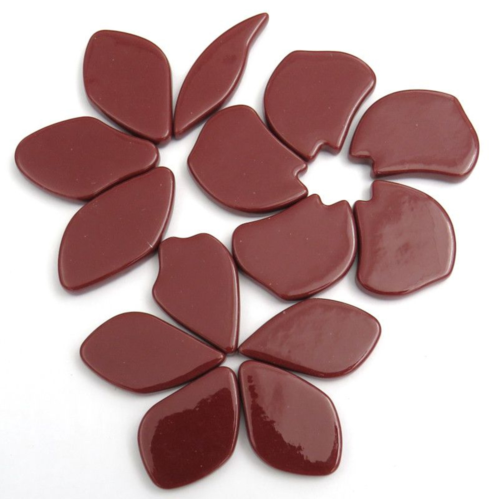 20 Bordeaux Burgundy Petal Flower Glass Mosaic Tile Pieces – 25 mm -30 mm /4 mm