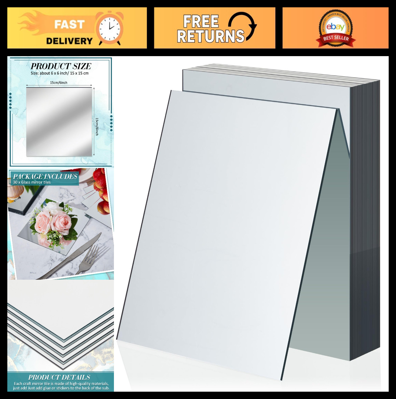 30 Pcs 6″ Square Glass Mirror Tiles – DIY Mosaic Panels for Home Decor & Crafts