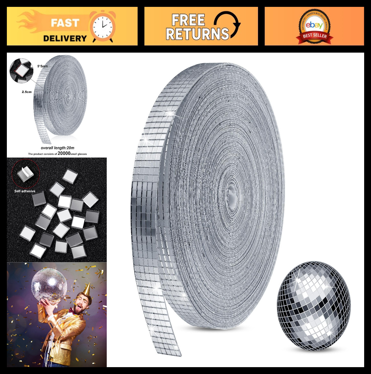 20000 Pcs Self-Adhesive Disco Ball Mirror Tiles – 5x5mm Mosaic Stickers for DIY