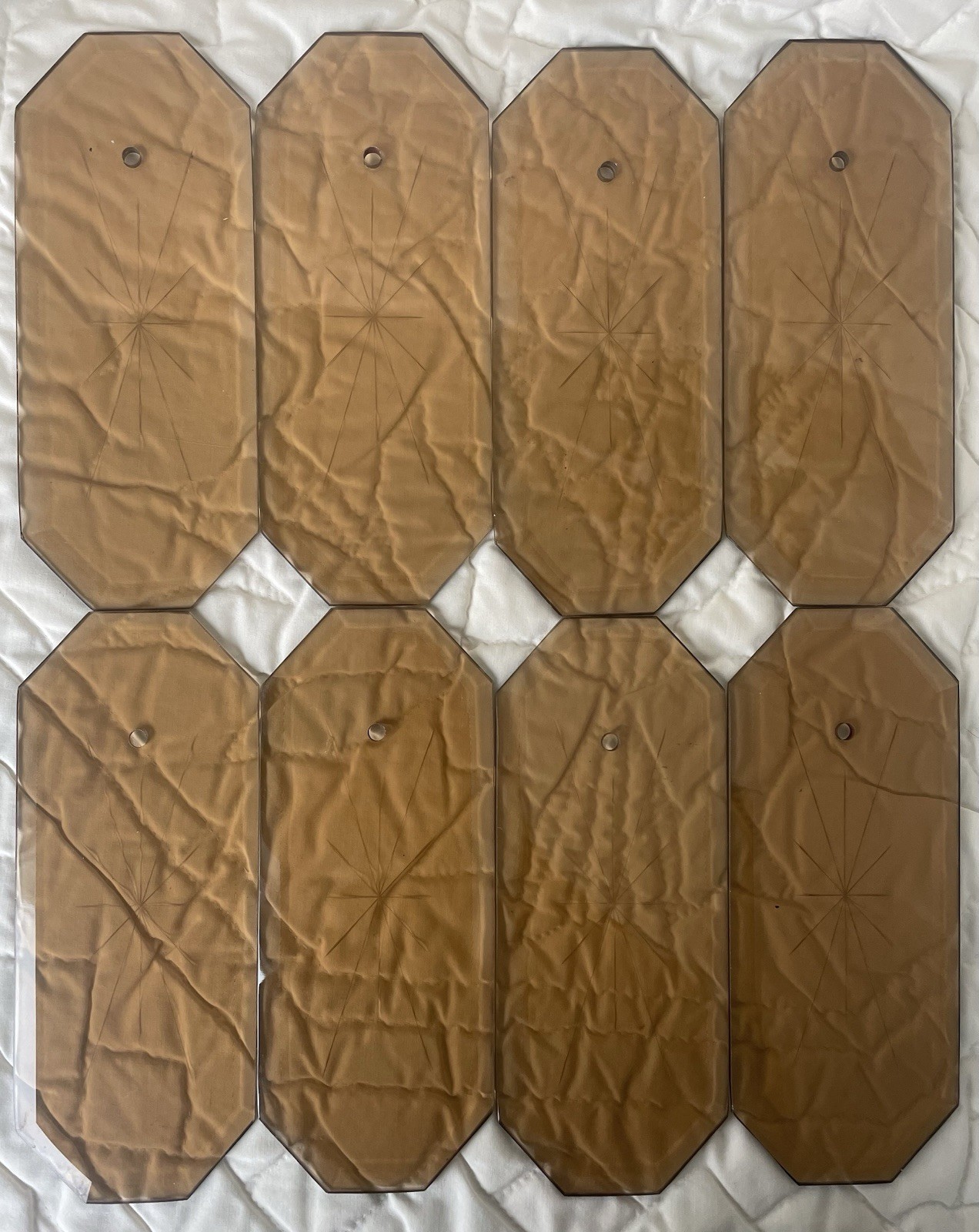 Amber/Brown Beveled Glass Pieces With Hanging Hole, Etched Star Set of 8