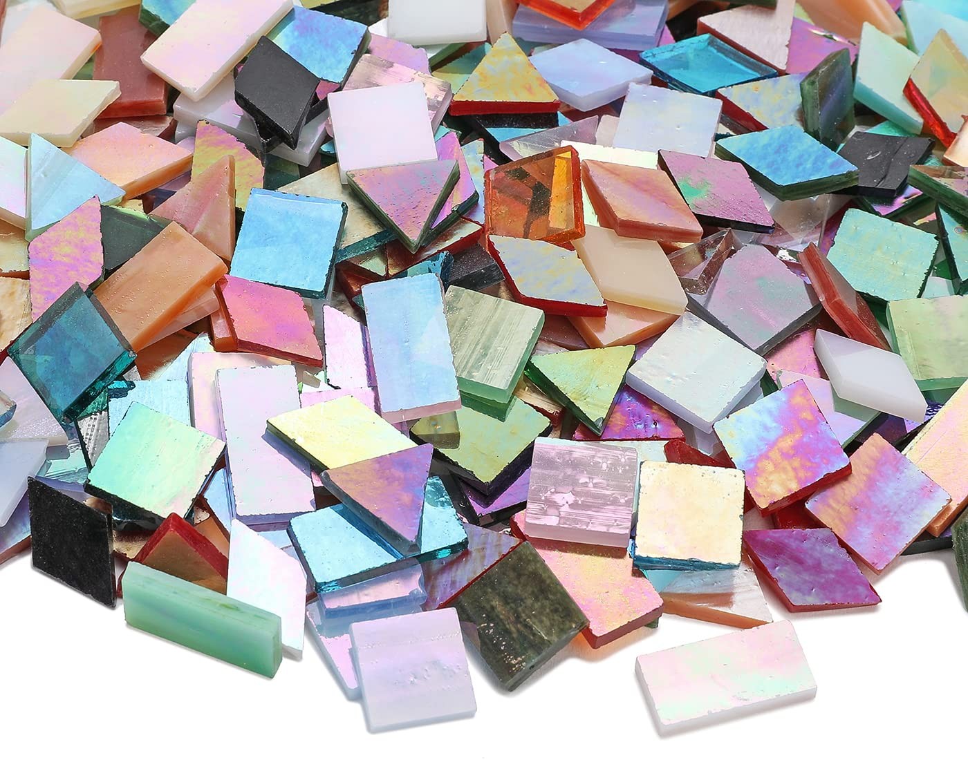 Iridescent Glass Mosaic Tiles Bulk, 4Shapes 700 Pieces Sparkle Iridized Stain…