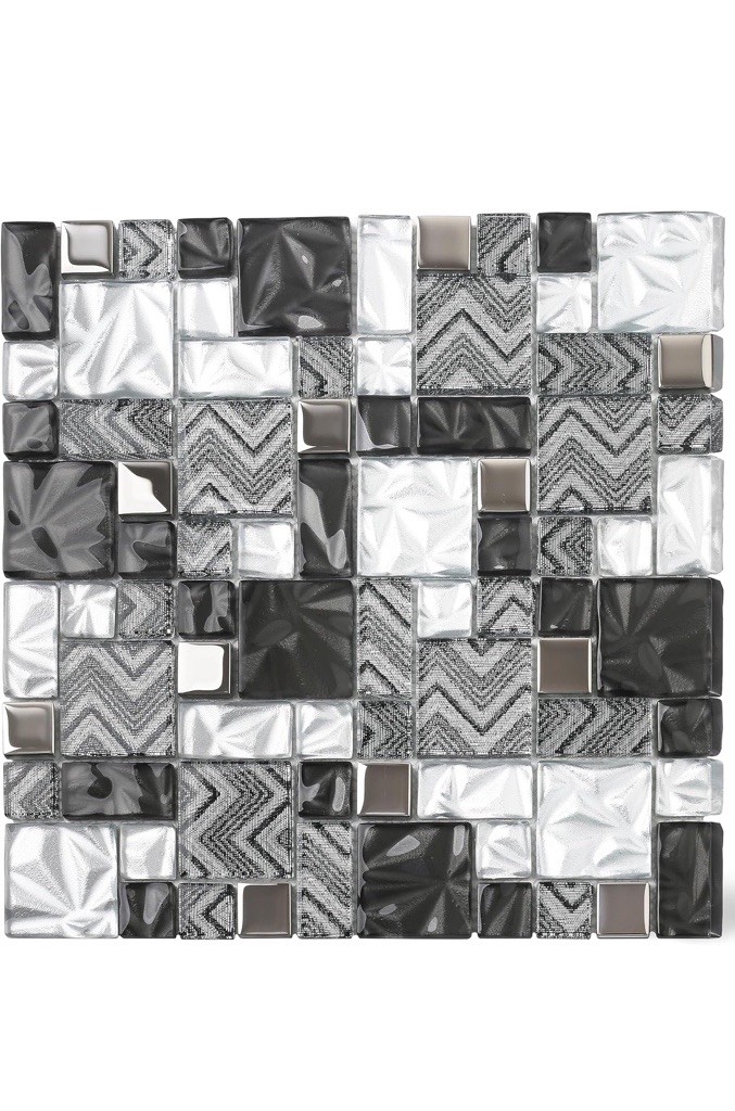 Elephantile Black & White Glass Mosaic Tile Backsplash 12”x12” Set Of 5Sheets-OB