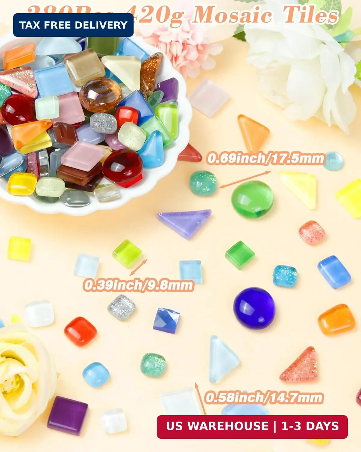 420g Mosaic Tiles for Crafts – 280Pcs Glass Mosaic Kits, Mixed Shapes