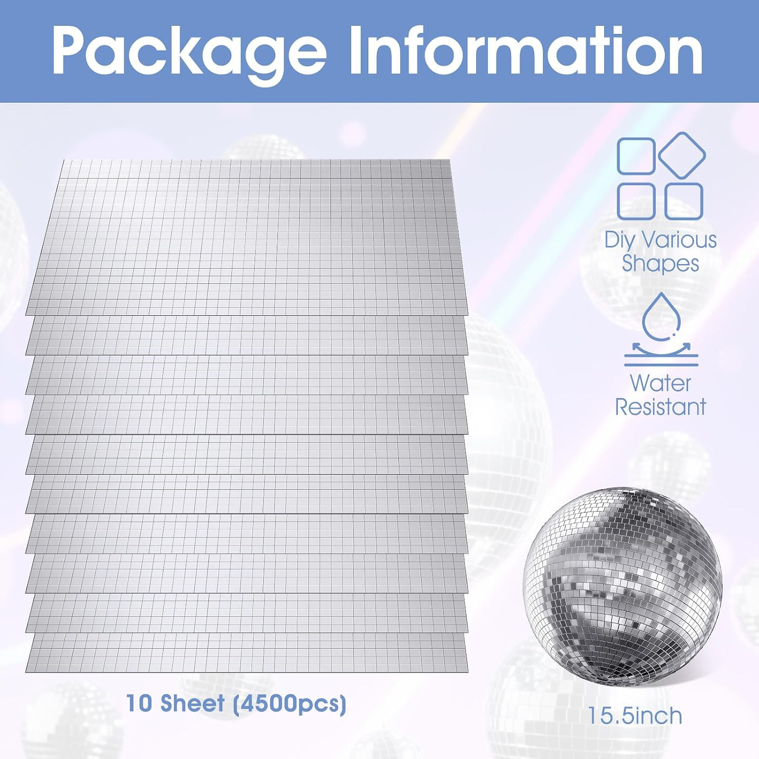 4500 PCS/10 Sheets Mirror Tiles Self Adhesive, 10X10Mm Disco Tile for DIY