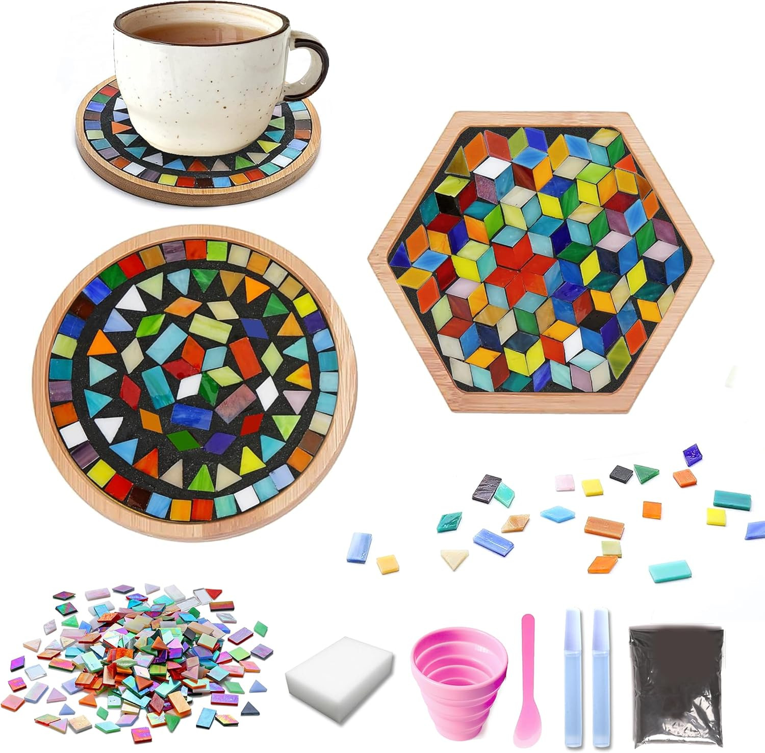 DIY Mosaic Tiles Crafts Kits for Adults, Mixed Stained Glass Mosaic Kit with 2 P