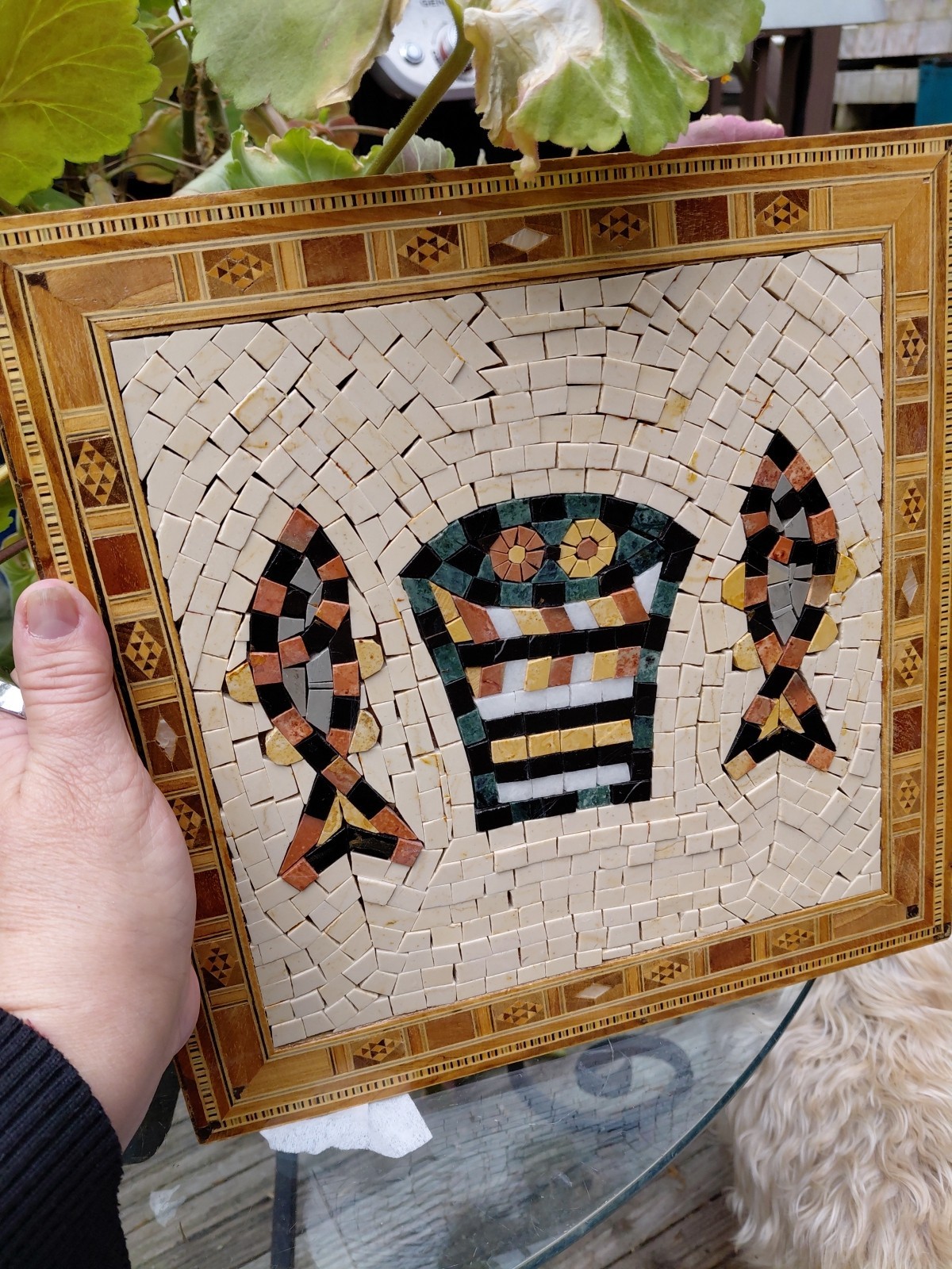 Marble Mosaic and Wood Marquetry Wall Tile Handmade Art