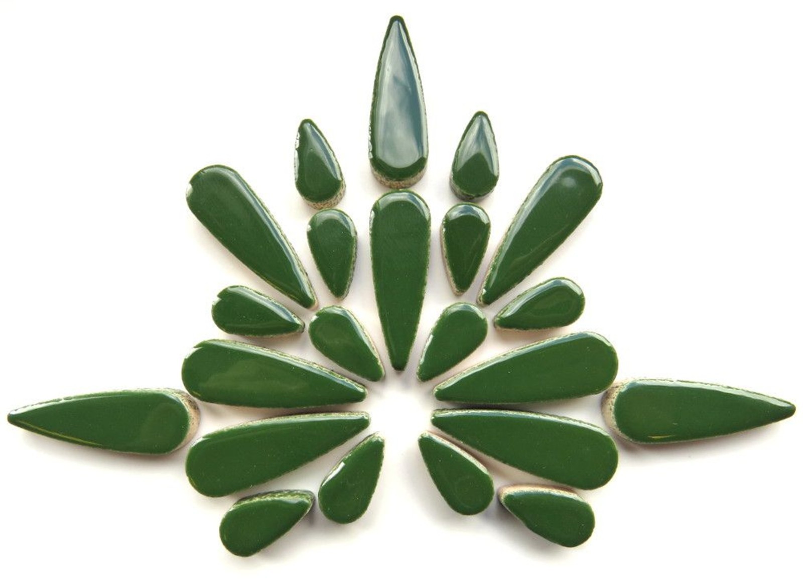 25 Tiles Pesto Dark Green Teardrop Ceramic Petals – Mixed Sizes – Mosaic Tiles