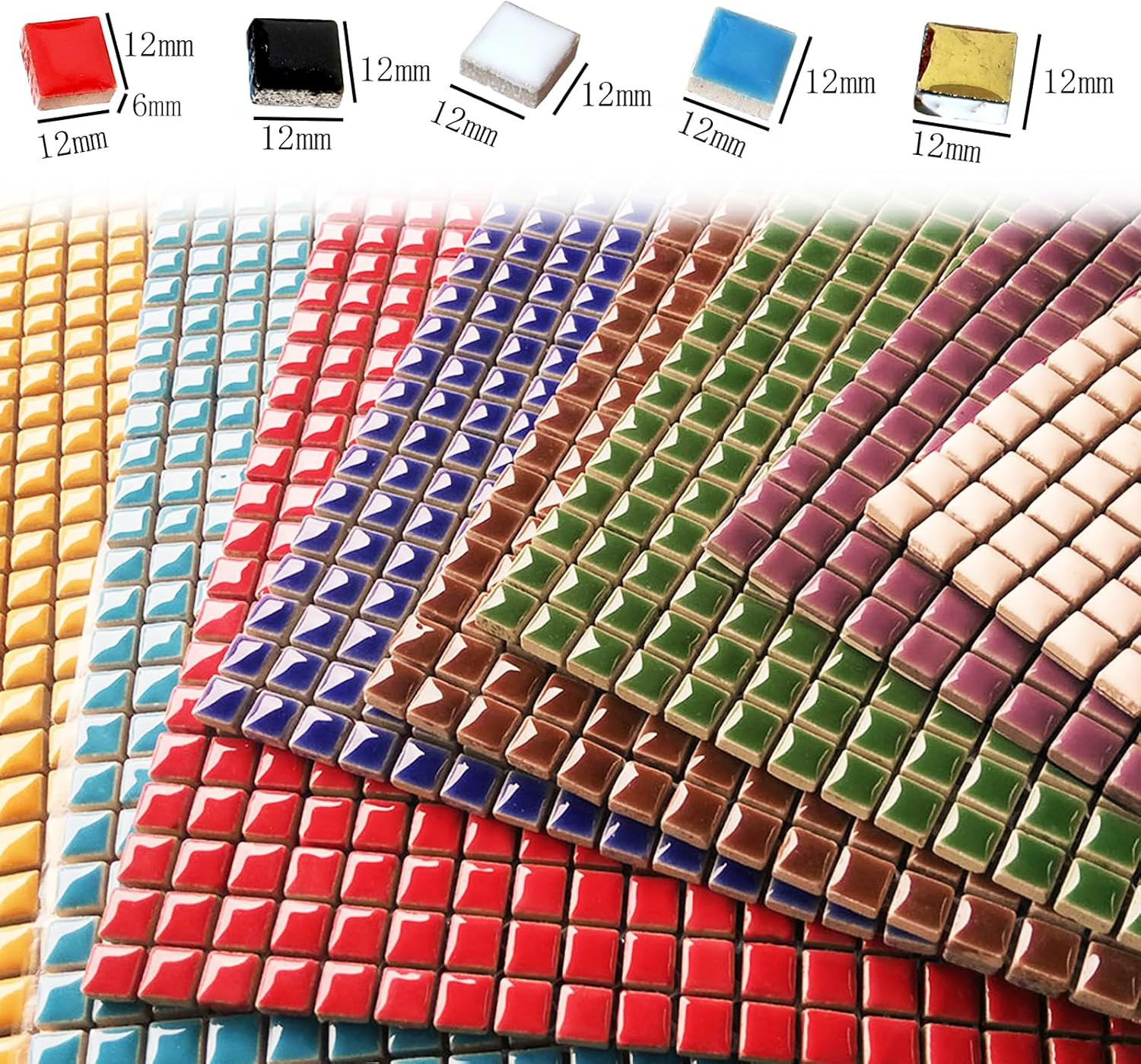 200 Pieces Square Mosaic Tiles for Crafts Bulk, 12Mm Stained Ceramic Mosaic Piec