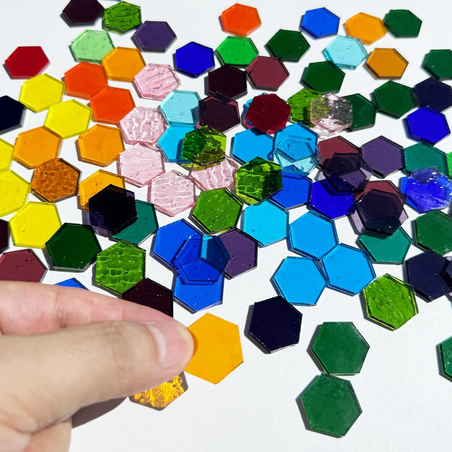 100 Pieces Hexagon Glass Mosaic Tiles for Crafts, Transparent Stained Glass Prec