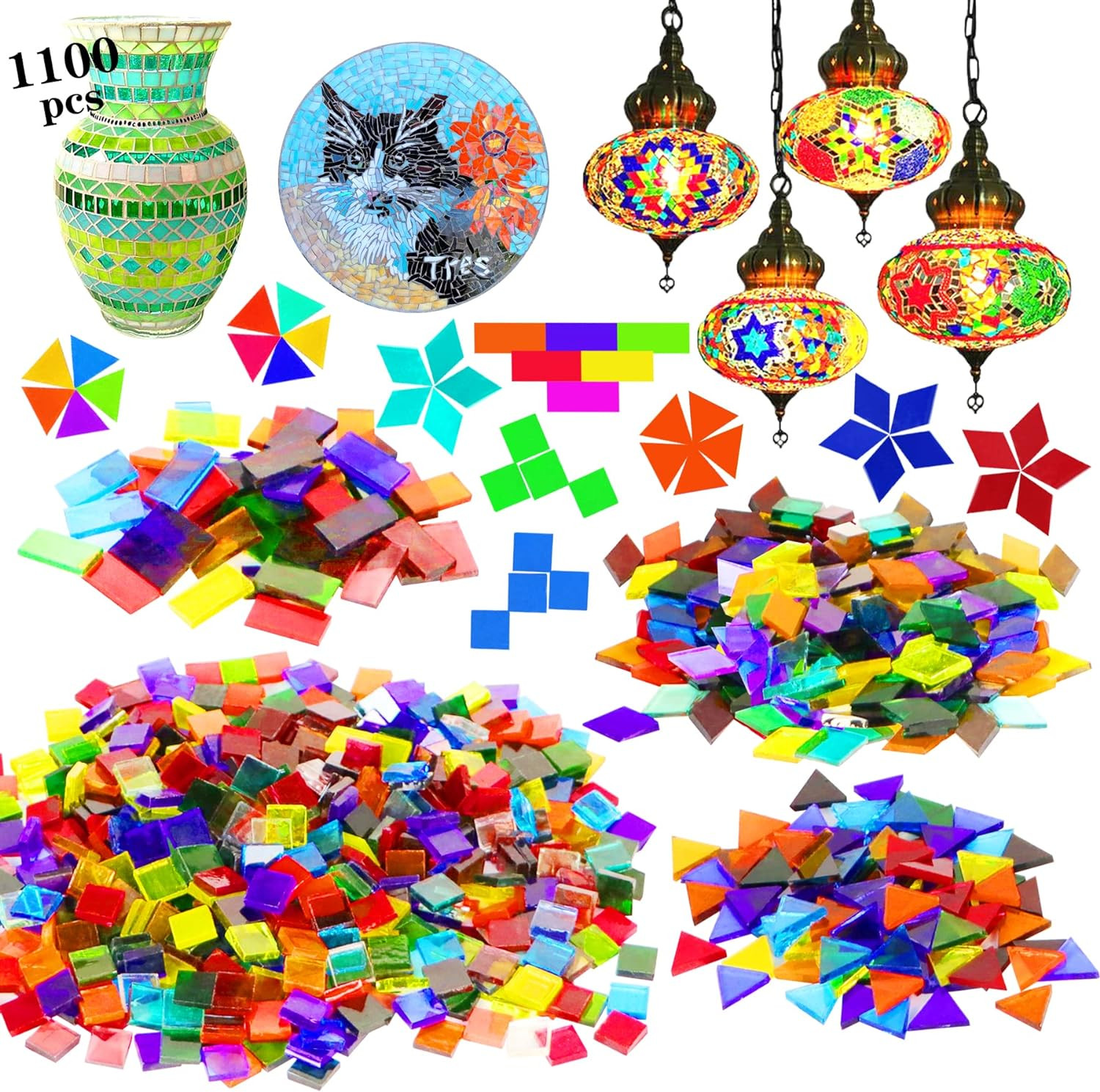 1100 Pcs Mosaic Tiles, Glass Mosaic Tiles for Crafts Bulk, Stained Mosaic Glass