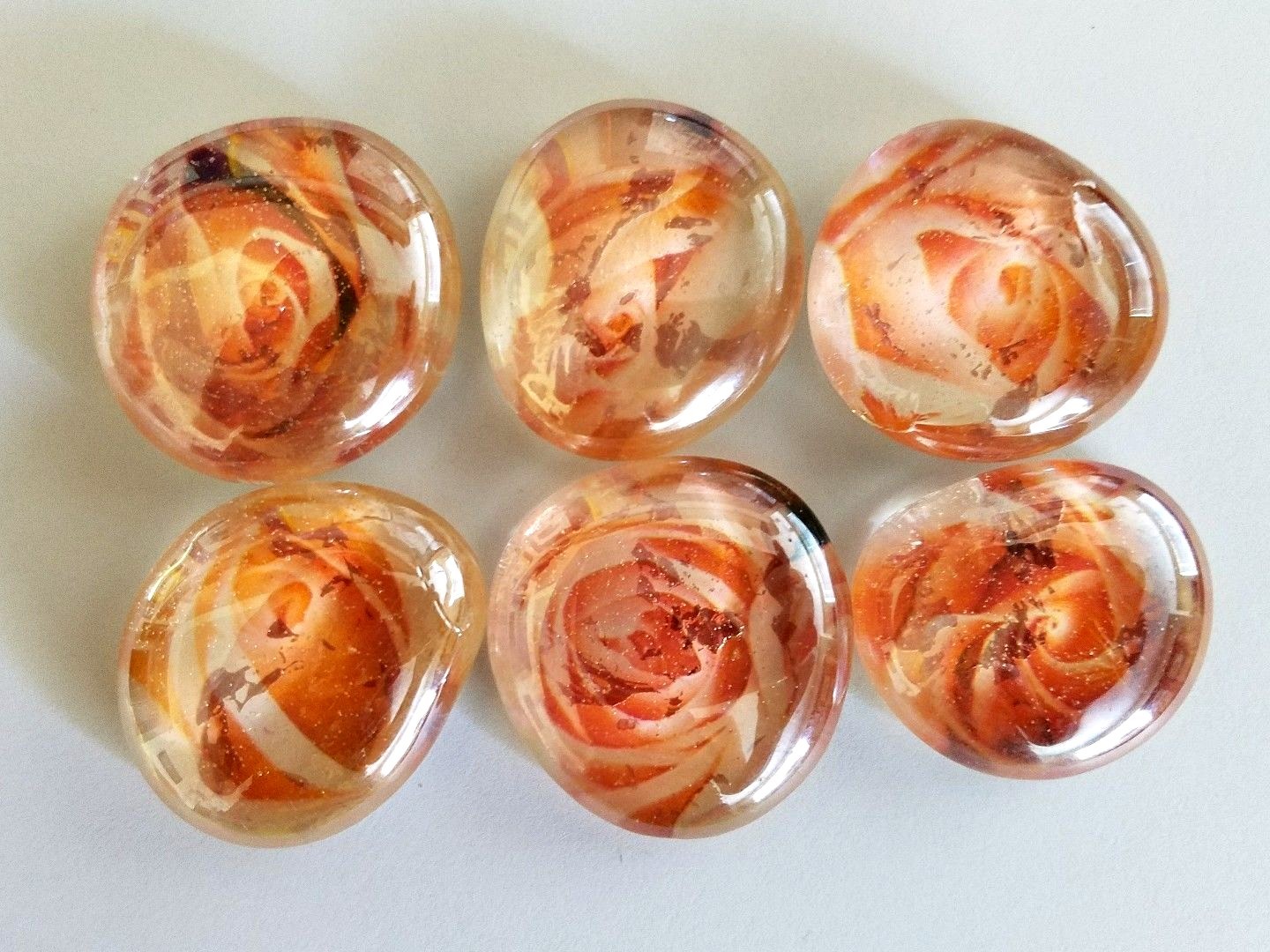 6 Large 1 1/4″ Clear Glass Gems Handmade w/ Coral Rose Fabric