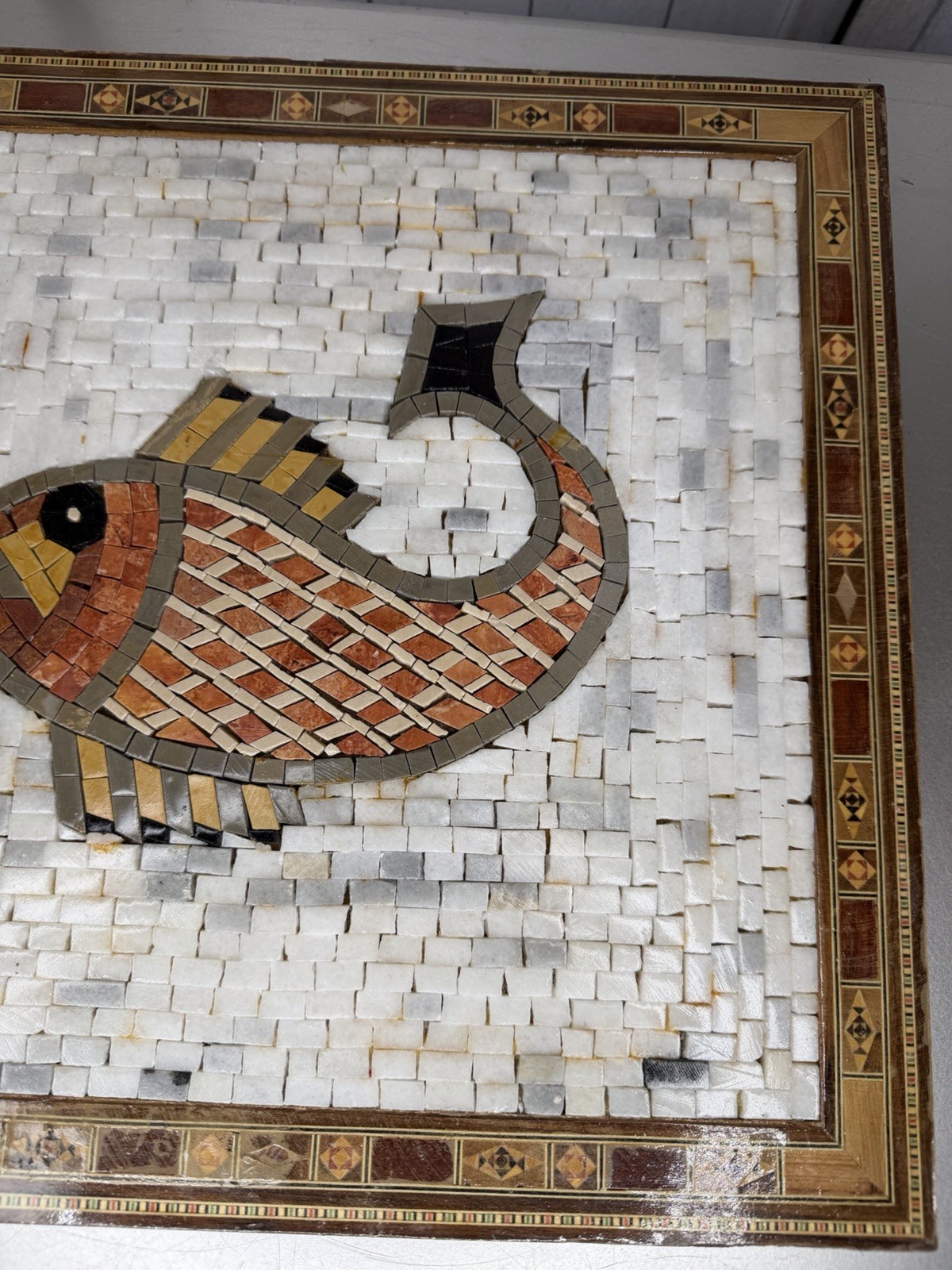 Vintage Fish Marble Stone Mosaic Large Art Wood Backing Handmade 14 X 14in