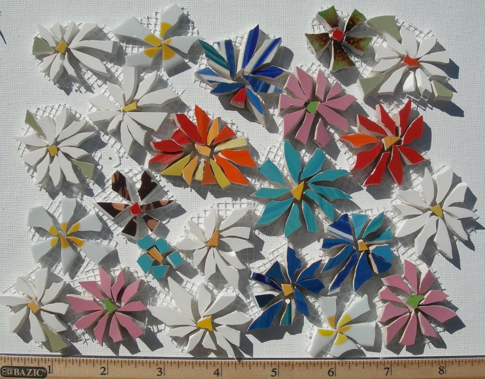 23 Pink, Blue, Red Daisy Mosaic Tiles, Handmade 1.5″ China Mosaic Craft Tiles