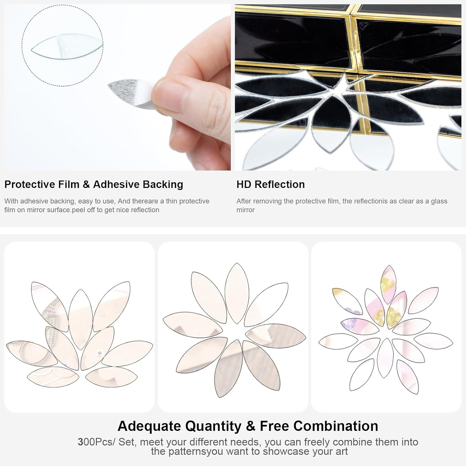 300Pcs Mini Leaf Shape Craft Mirrors Mosaic Tiles Self Adhesive | 1 Inch Small A