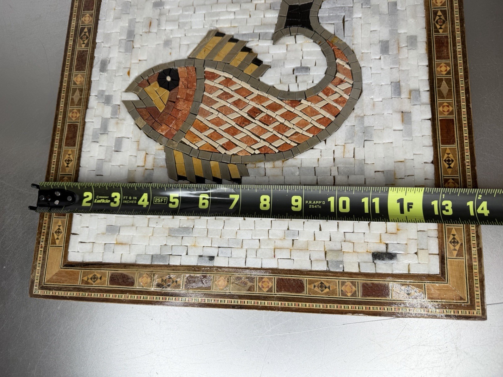 Vintage Fish Marble Stone Mosaic Large Art Wood Backing Handmade 14 X 14in
