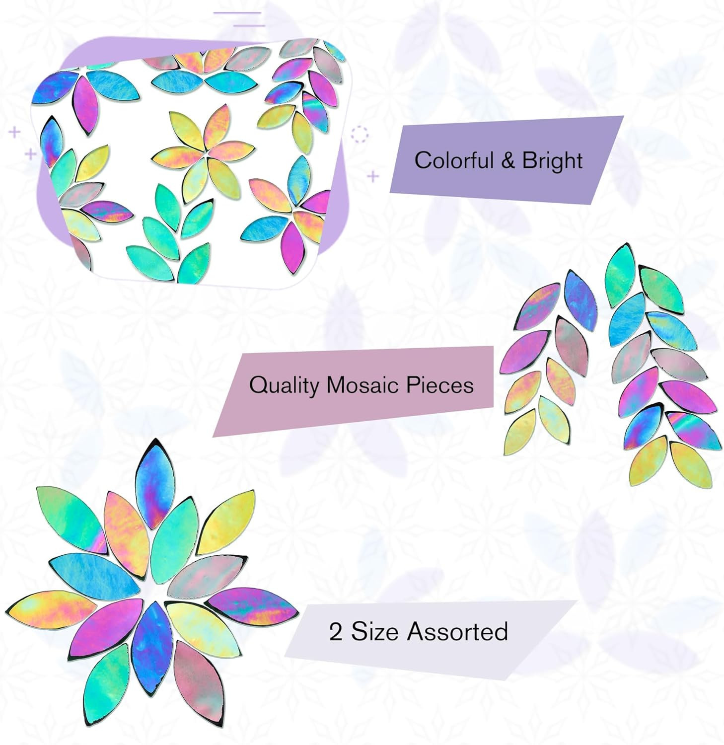 100 Pieces Iridescent Glass Petal Mosaic Tiles, Hand-Cut Green Stained Glass Flo
