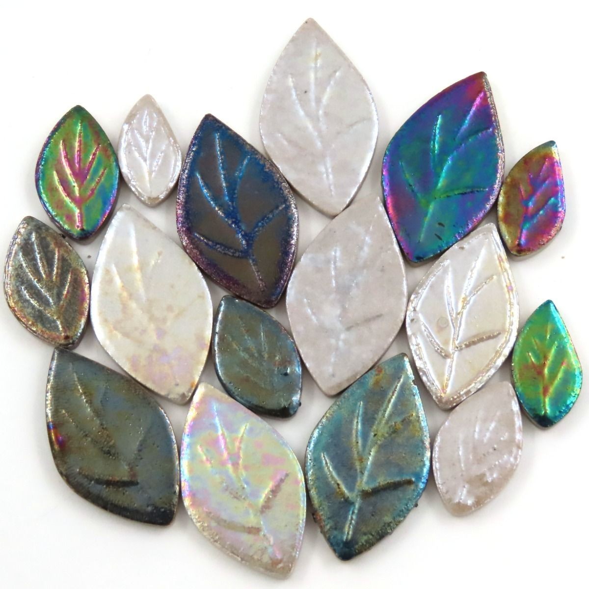 25 tiles – Iridescent Ceramic Leaves – Ghost – Mixed Sizes Mosaic Tiles
