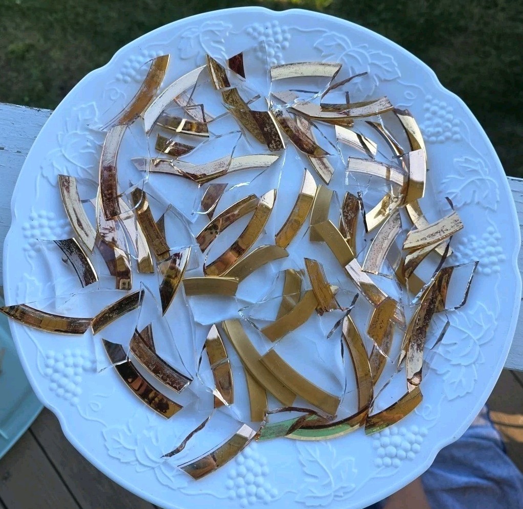Broken Clear Glass With Shiny Gold Trim Antique Plates Mosaic Pieces Tiles