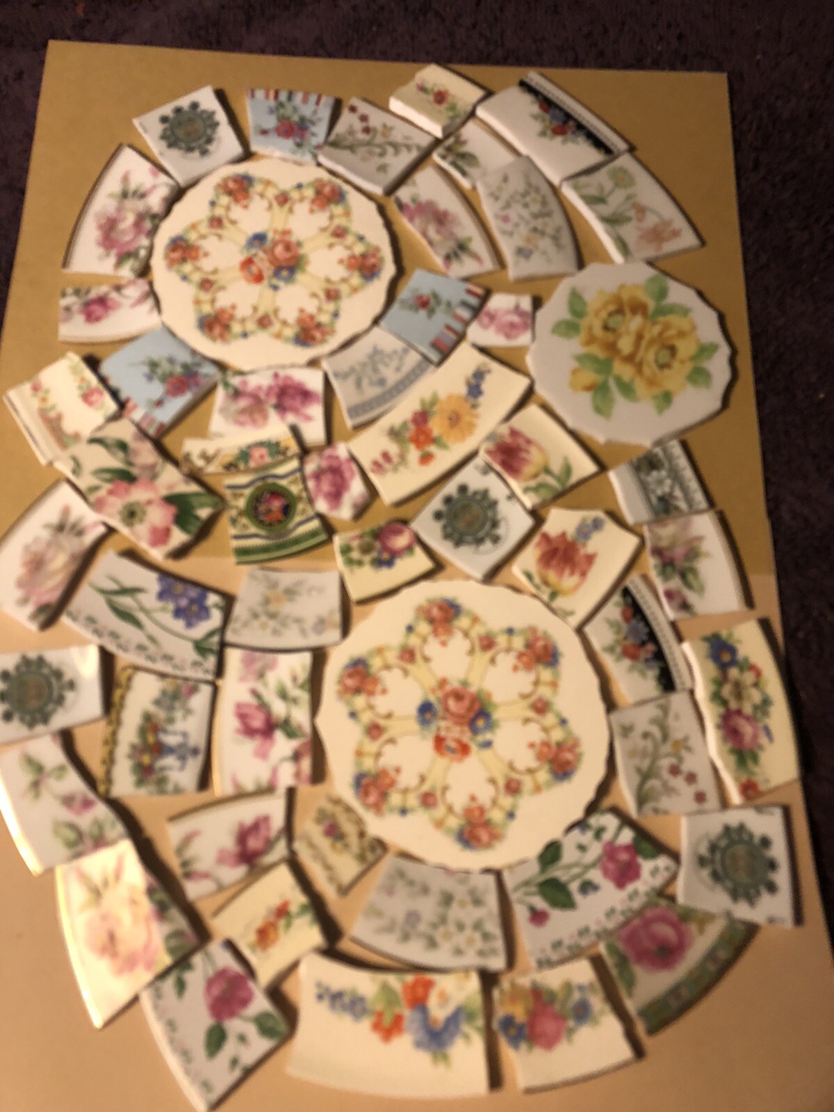 Vintage/antique china mosaic ready cut larger tiles Asst.florals, no solid tiles