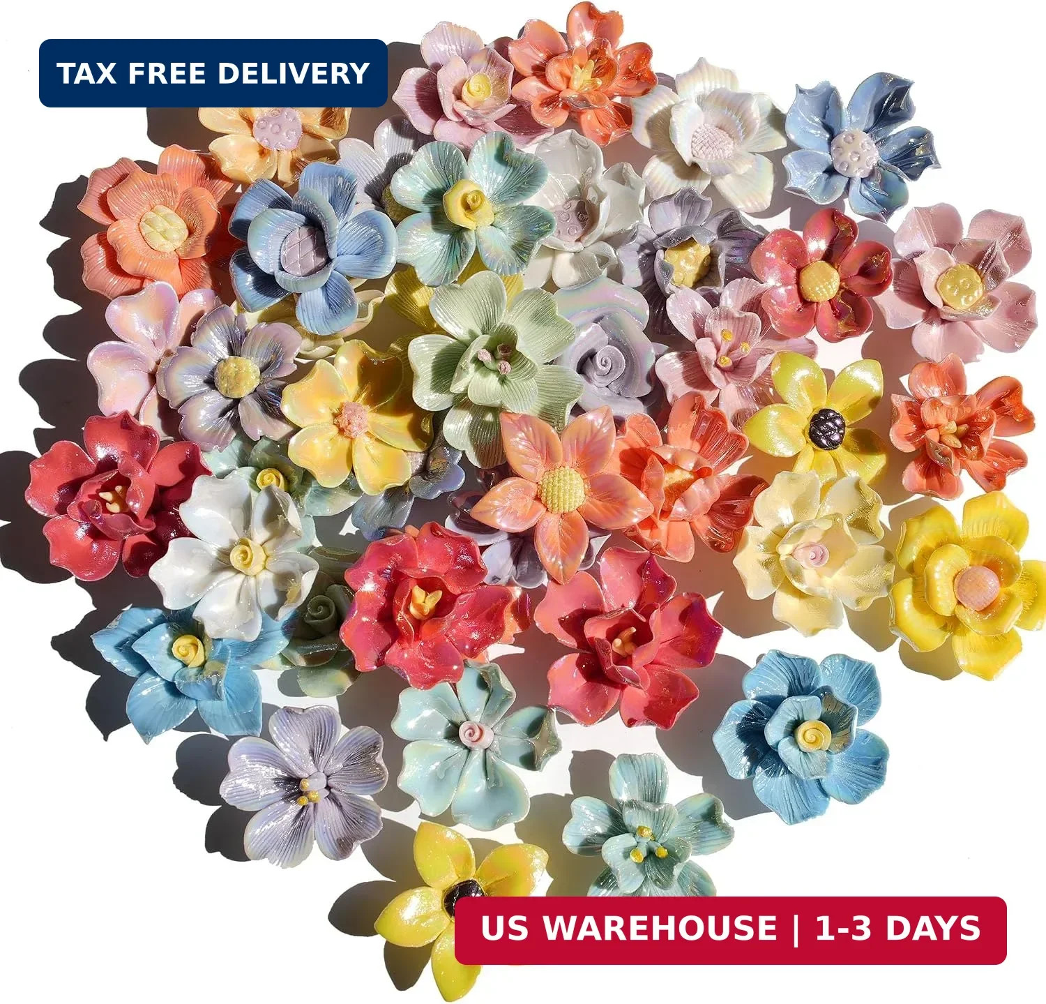 30 Pieces 3D Ceramic Mosaic Flowers for DIY Crafts, Various Shimmering Glaze Iri