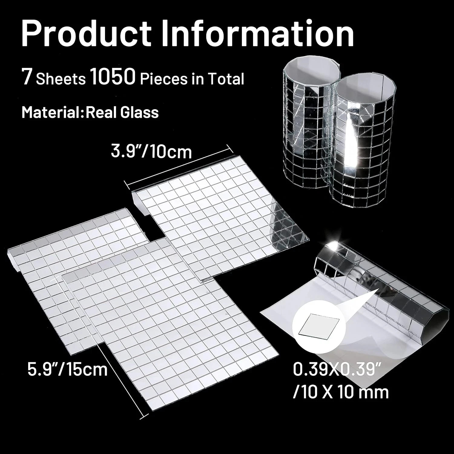 1050 PCS Self-Adhesive Disco Ball Tiles 10x10mm Mirror Mosaic for DIY Crafts