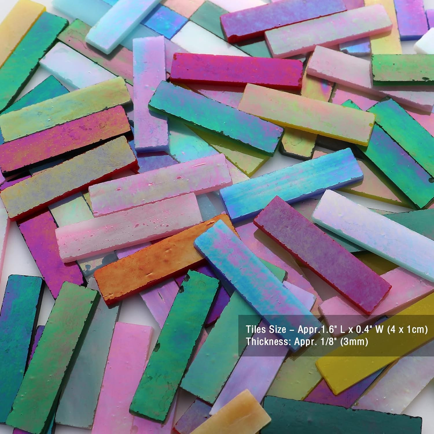 Rectangular Iridescent Glass Mosaic Tiles for Crafts, 1.6″ X 0.4″ Precut Mixed C