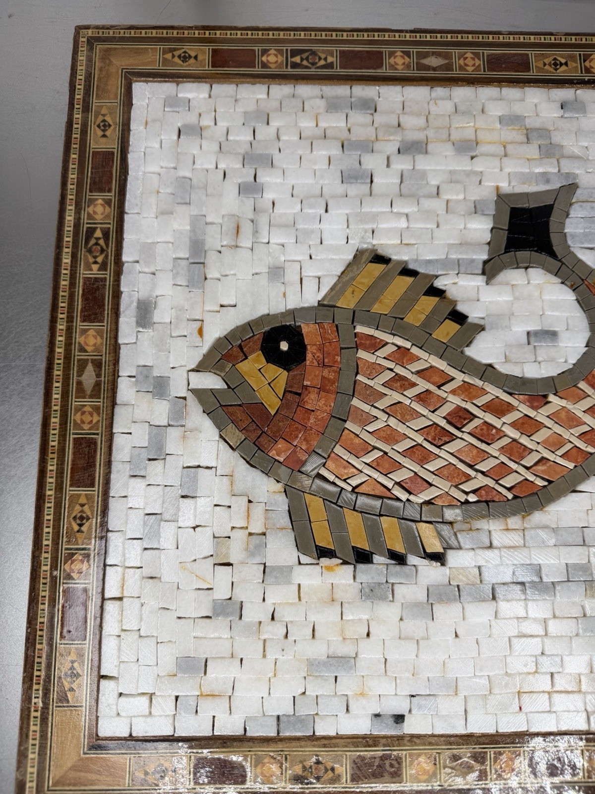 Vintage Fish Marble Stone Mosaic Large Art Wood Backing Handmade 14 X 14in