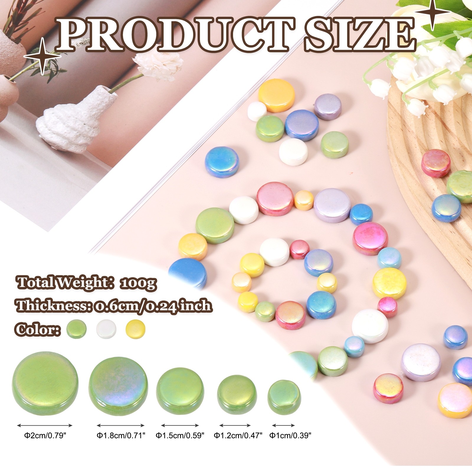 100g Multi-Size Iridescent Round Mosaic Tiles for Crafts (Mixed Yellow Green)