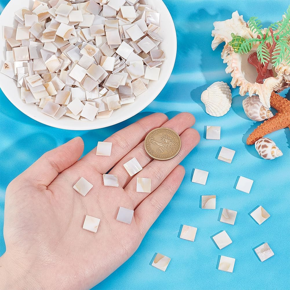 500 Pcs Natural Shell Mosaic Tiles, 10X10Mm Floral White Shell Square Cabochons