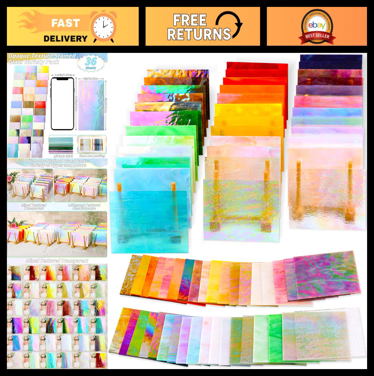36 Sheets Opaque Stained Glass Variety Pack, 4×6 Inch Mosaic Tiles for Crafts