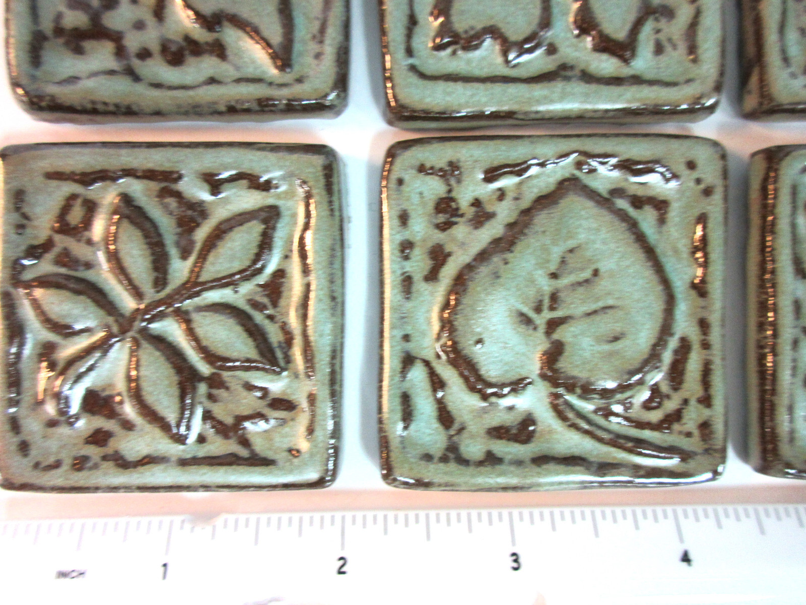 LEAF MOSAIC TILES Handmade Ceramic Art Tiles, Rustic Turquoise Green Set of 6