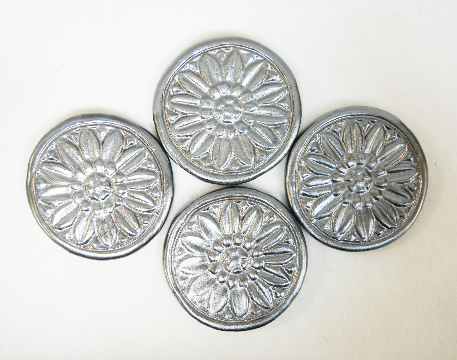 FLORAL MEDALLION TILES Handmade Ceramic Mosaic Tiles, Metallic Silver 3″ Set 4