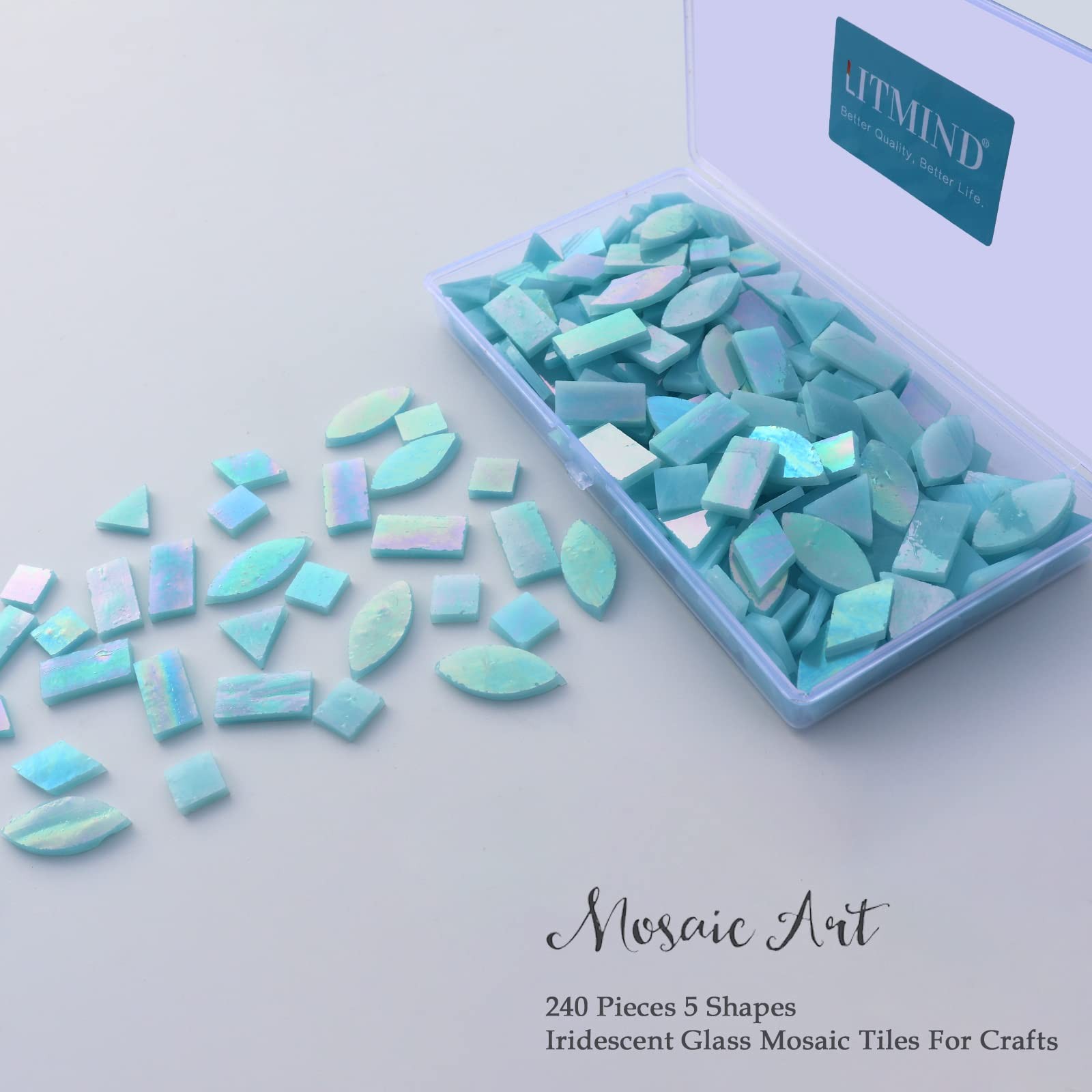 240 Pcs Iridescent Aqua Glass Mosaic Tiles in 5 Shapes for Crafts