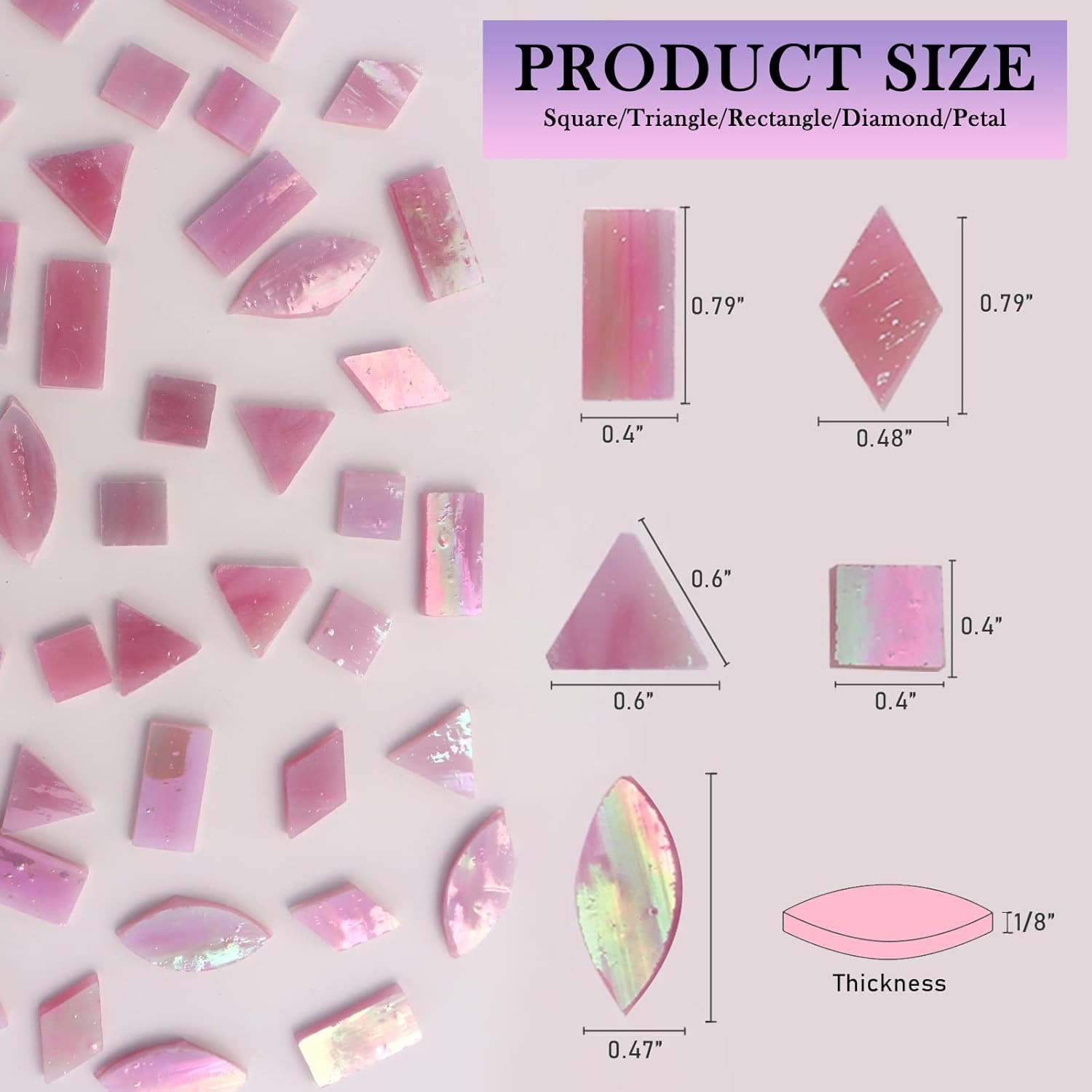 LITMIND Iridescent Glass Mosaic Tiles for Crafts, 240 Pieces 5 Shapes Mixed Pink