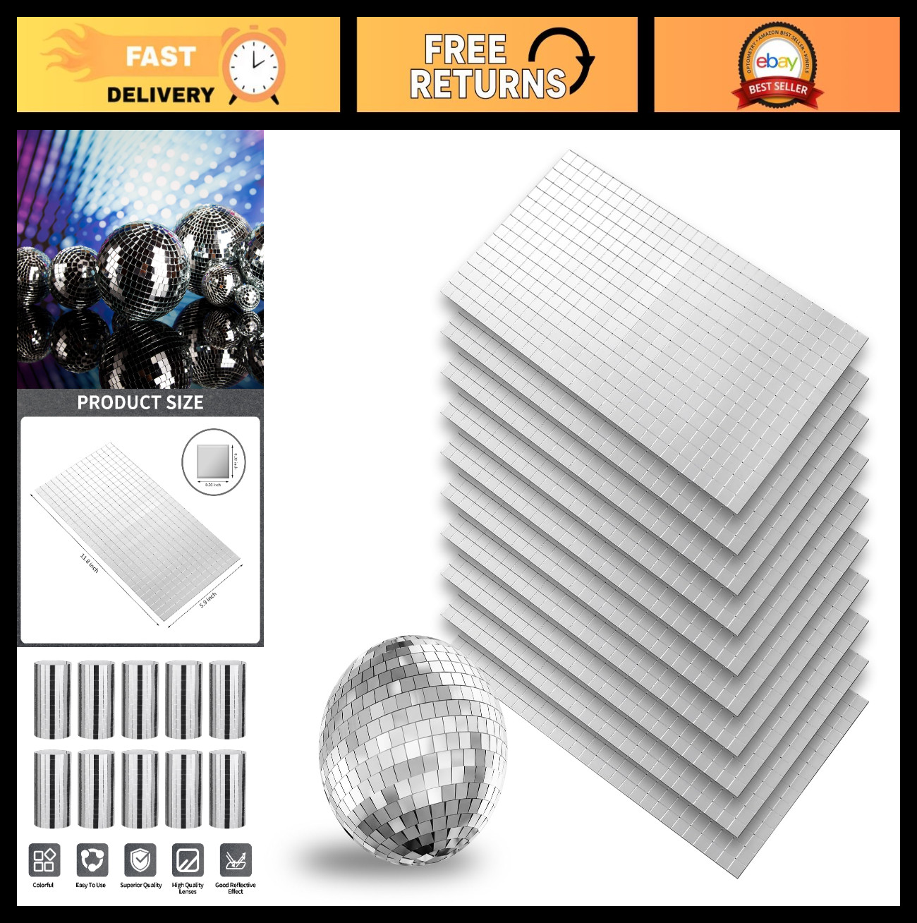 4500 PCS Self-Adhesive Silver Disco Ball Mirror Tiles | 10×10 mm Square Stickers