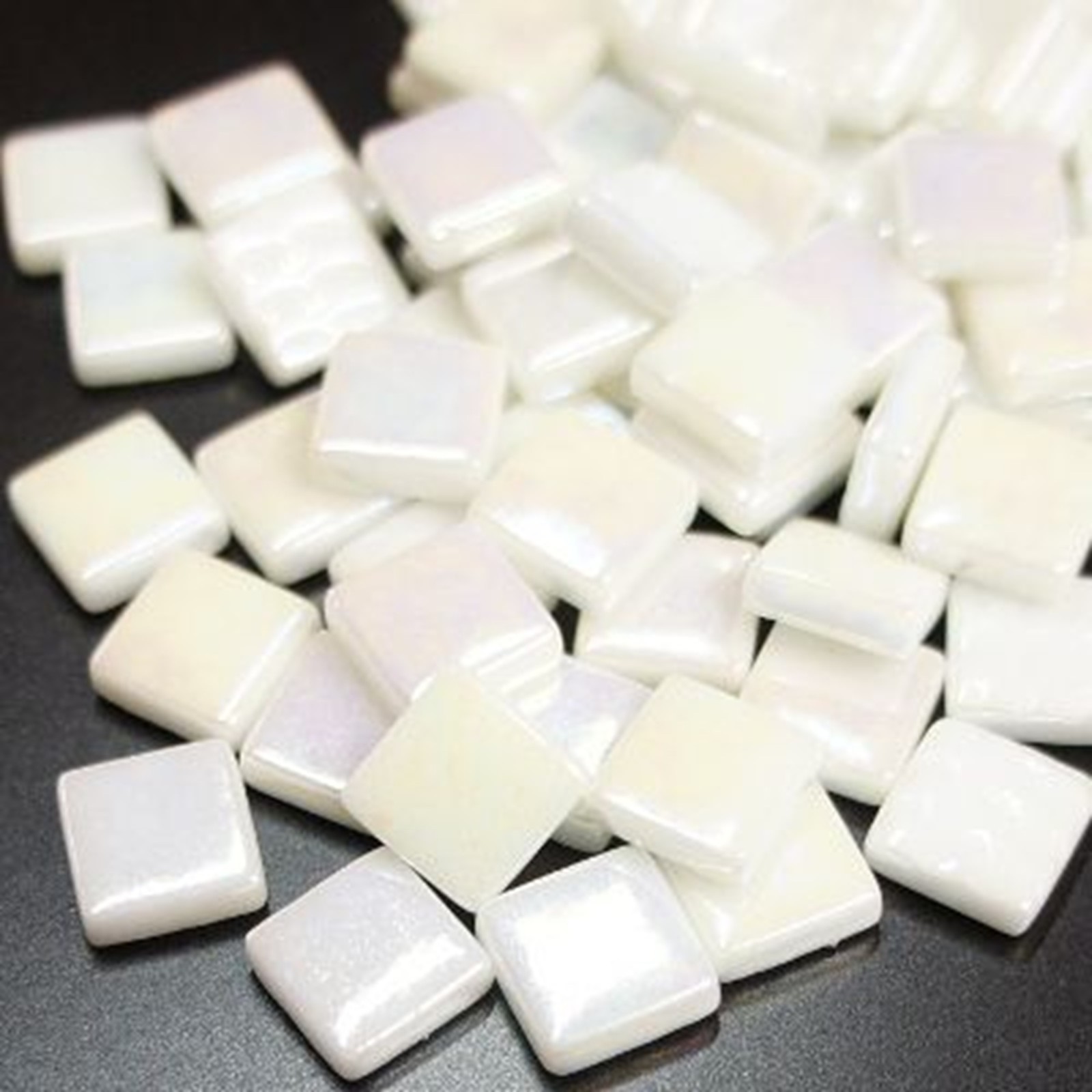 50 Tiles – 12 mm Iridescent White Glass Square Mosaic Tile Pieces