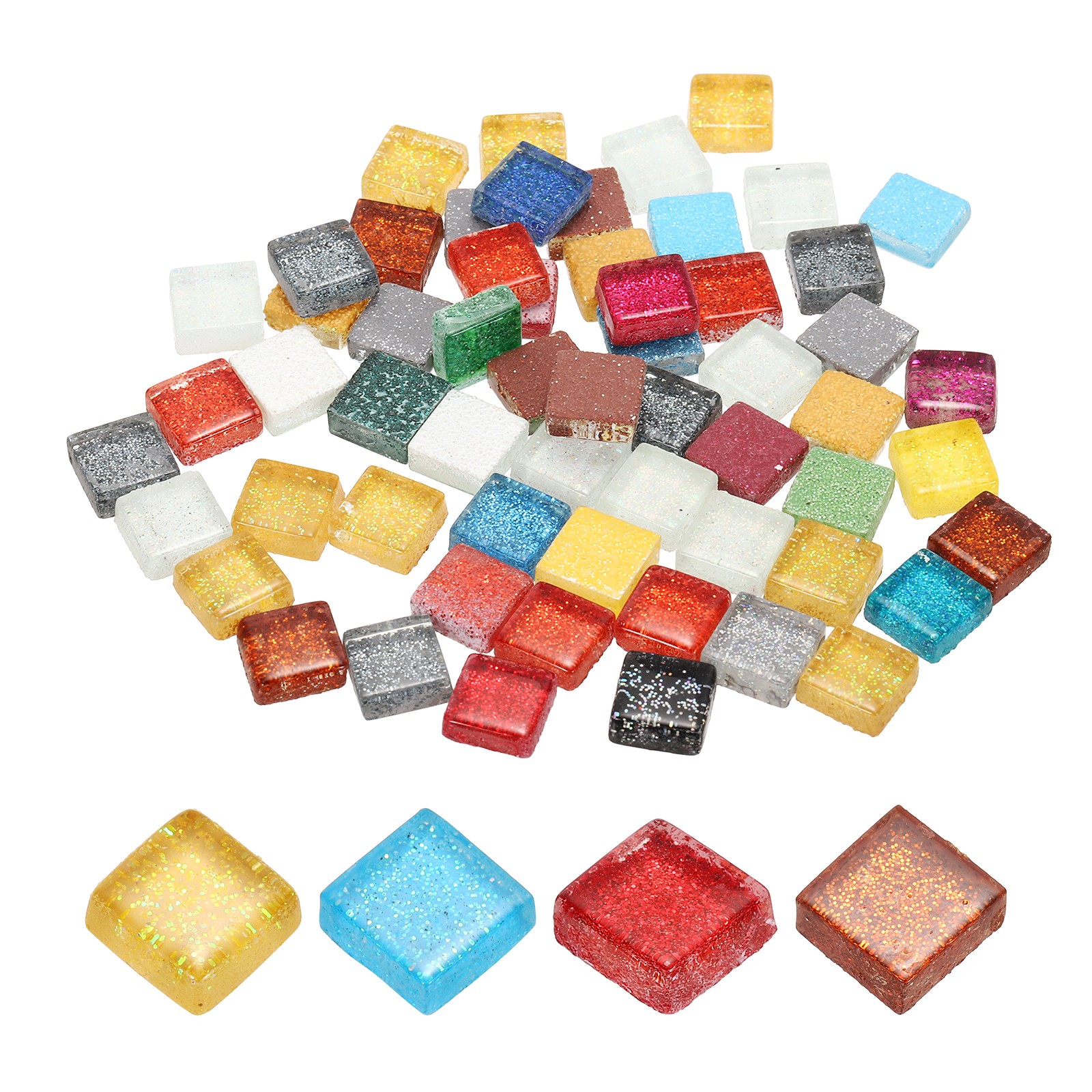 110Pcs 1x1cm Glitter Square Mosaic Tiles Glass, Rainbow Color