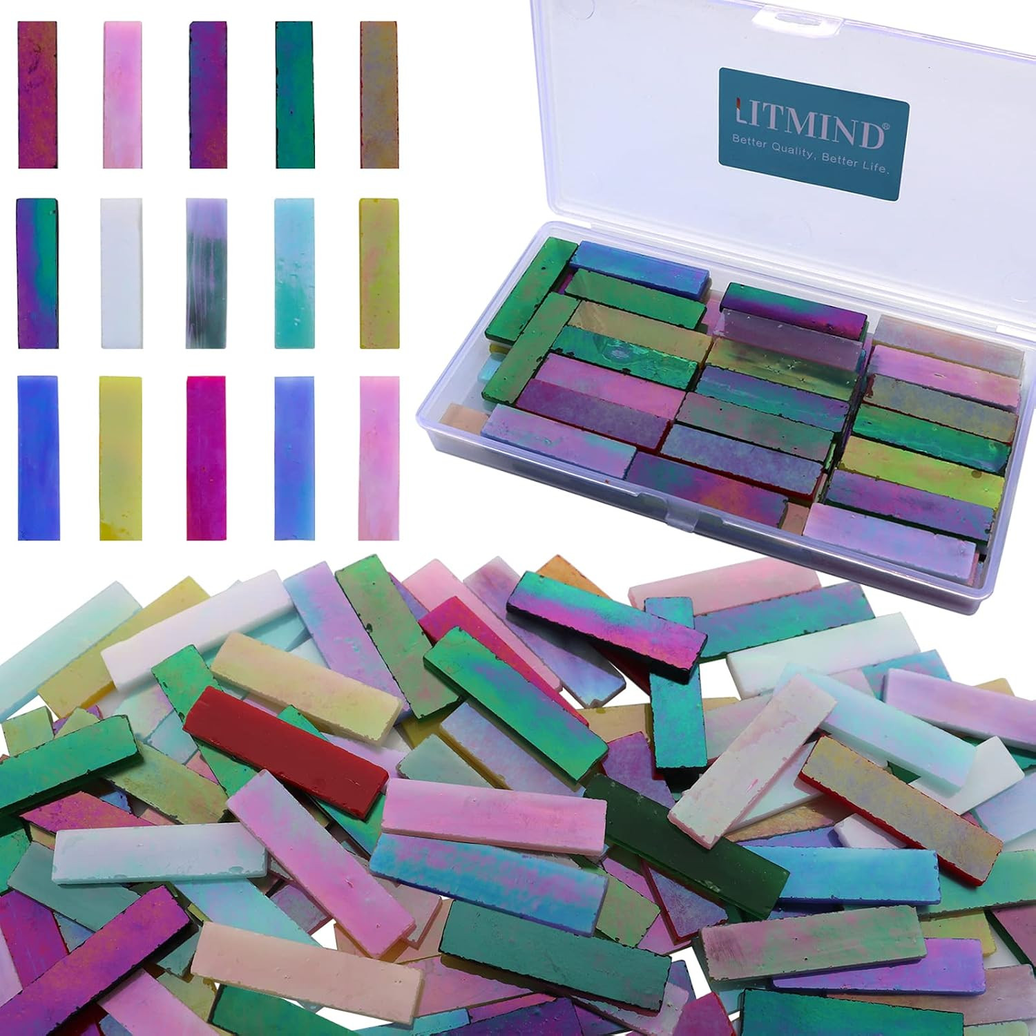 Rectangular Iridescent Glass Mosaic Tiles for Crafts, 1.6″ X 0.4″ Precut Mixed C