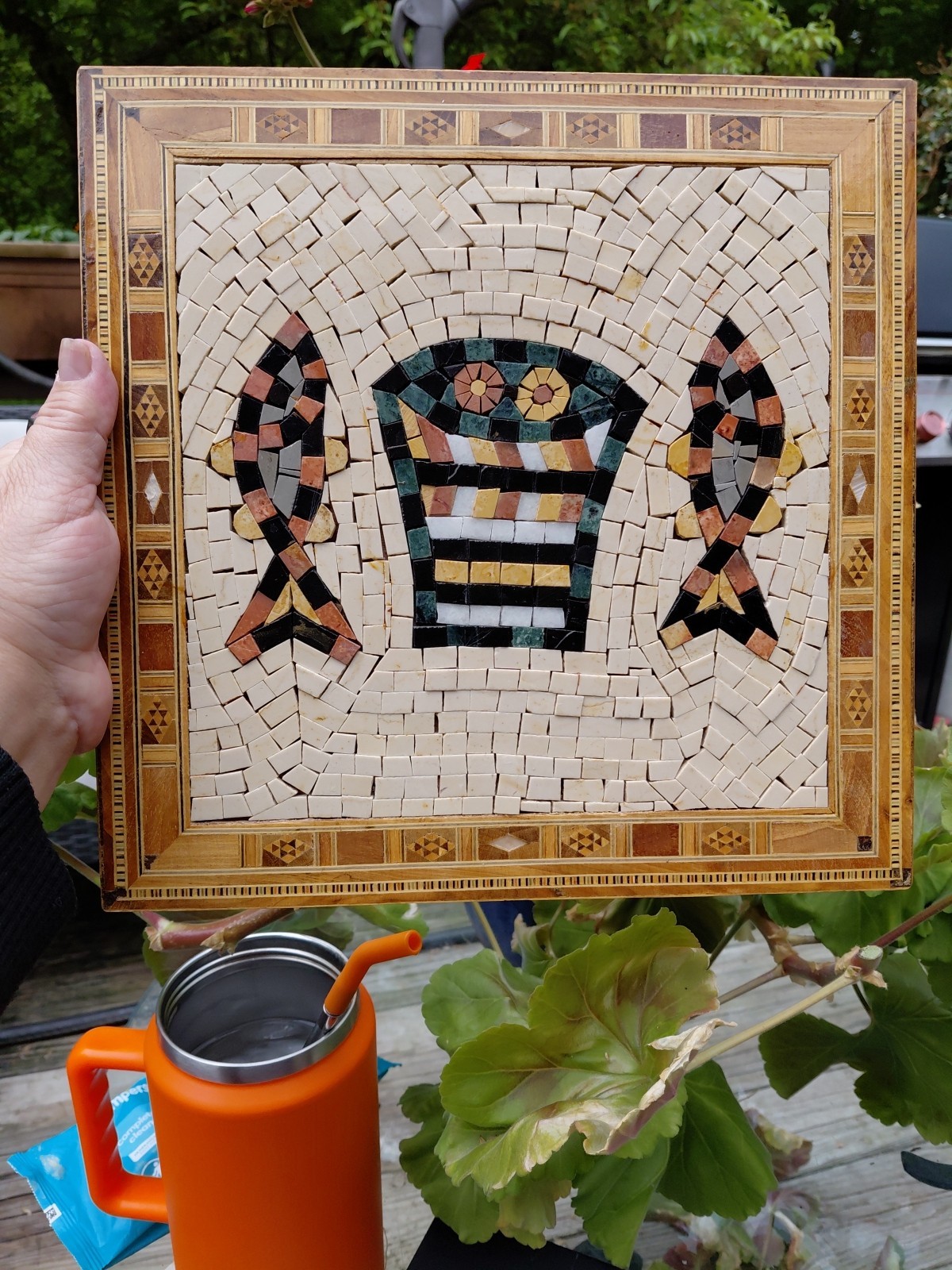 Marble Mosaic and Wood Marquetry Wall Tile Handmade Art