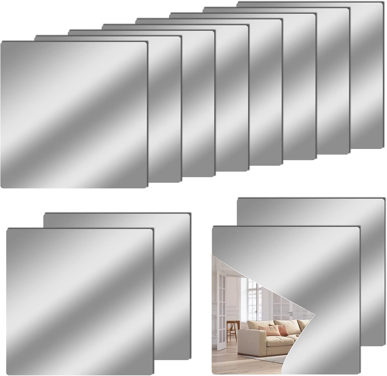 Reflective 12”x12” Self-Adhesive Mirrors – 12 Pack for Modern Room Enhancements