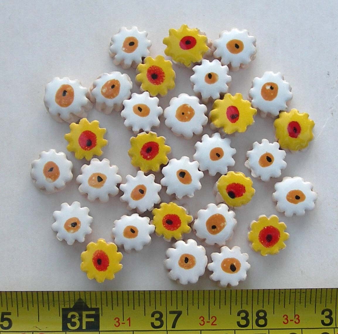 30 White, Yellow Daisy Mosaic Tiles, Handmade 1/2″ China Mosaic Craft Tiles