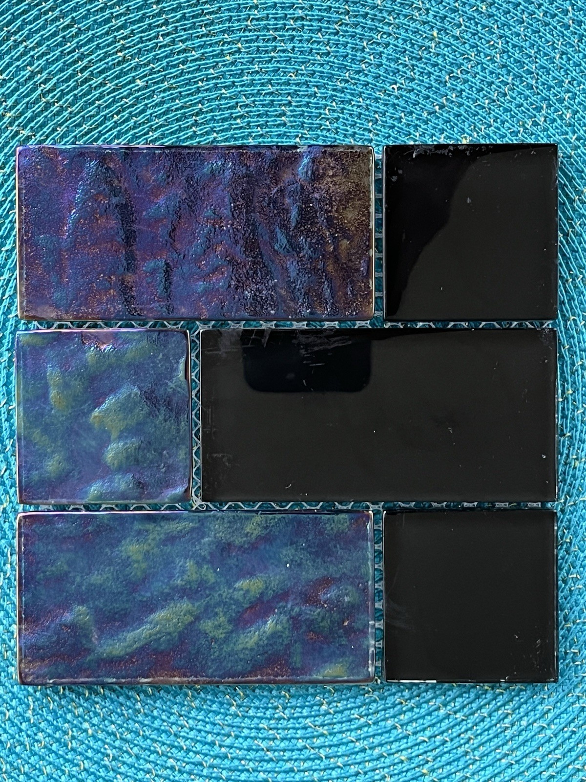 Black Blue Multicolor Glass Mosaic Tile Sheet Assorted Rectangles on Mesh